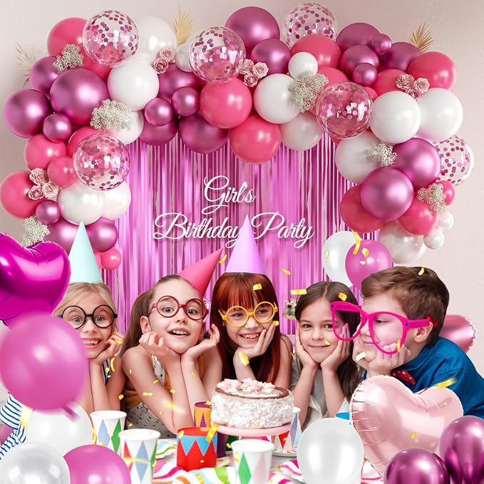 157PCS Hot Pink White Balloons Garland Arch Kit with Fringe Curtain for Wedding Engagement Anniversary Birthday Graduation Bridal Baby Shower Party Decorations