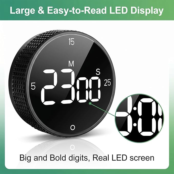 Digital Kitchen Timer, Magnetic Visual Pomodoro Clock with Large LED Display, 3 Preset Times (5/15/25) for Cooking Baking Fitness