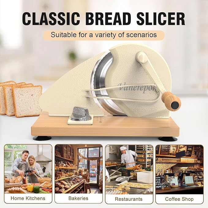 vanerepok Manual Bread Slicer Adjustable Thickness for Homemade Sourdough | Hand Crank Bread Cutter with Scale & Stable Suction Cups & Wood Base for Even Slicing Perfect Baking Gift for Home Bakers
