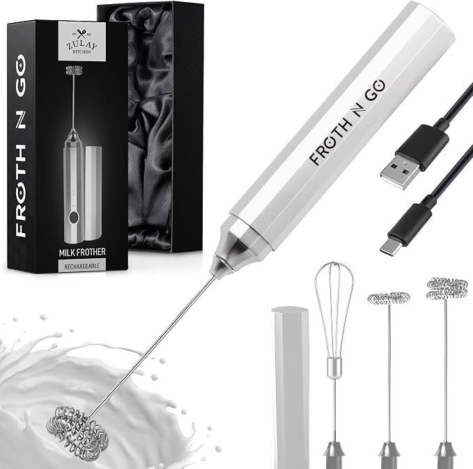 Zulay Froth N Go Milk Frother – Rechargeable 3-in-1 Handheld Frother Wand with Travel Case & USB-C Charger – Single, Double & Egg Whisk for Latte, Cappuccino, Matcha, Protein Shakes - Elegant Silver