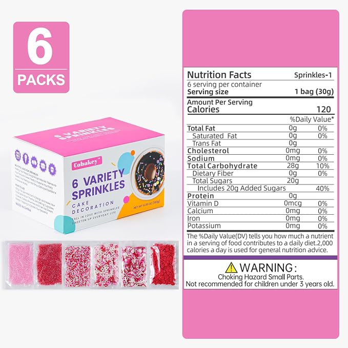 Valentines Sprinkles Mix - 6.35 oz with Pink Red and White Hearts Jimmies, Nonpareils & Sanding Sugar Sprinkles for Cake Decorations, Baking, Cookie, Cupcake Topper Decorating