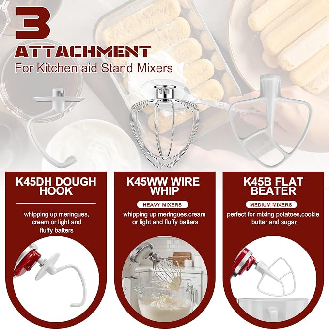 Mixer Attachments for KitchenAid 4.5-5 Qt Tilt-Head Stand Mixer, Dishwasher Safe Set with Wire Whip, Dough Hook and Flat Beater, Heavy Duty Replacement Accessories for Baking