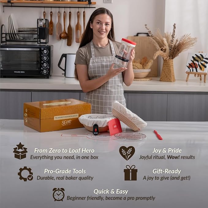 SEOR 8Pcs Sourdough Starter Kit with Glass Fermentation Jar 42oz-Complete Bread Baking Kit Includes 2 Bread Proofing Basket-Sour Dough Tools & Baking Gifts for Women-Sour Dough Kit for Artisan Loaves