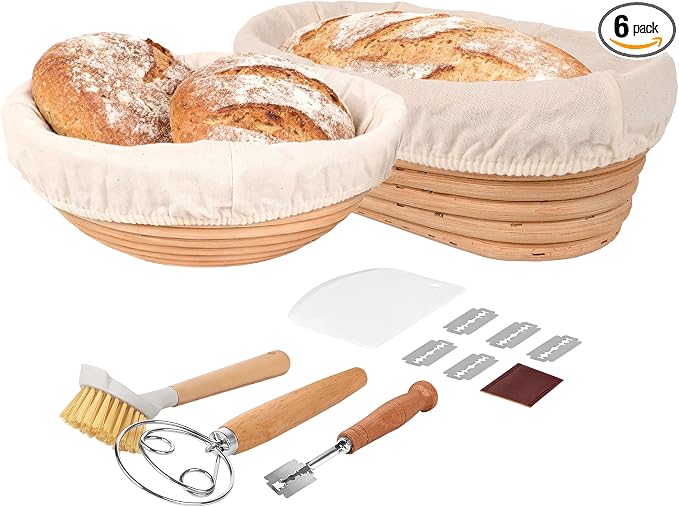 Nixta Bread Proofing Basket Set – 6-Piece Sourdough Bread Baking Kit with 9" Round & 10" Oval Banneton Baskets, Linen Liners, Danish Dough Whisk, Dough Scraper & 5 Stainless Steel Blades