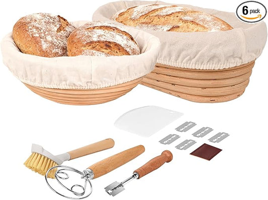 Nixta Bread Proofing Basket Set – 6-Piece Sourdough Bread Baking Kit with 9" Round & 10" Oval Banneton Baskets, Linen Liners, Danish Dough Whisk, Dough Scraper & 5 Stainless Steel Blades
