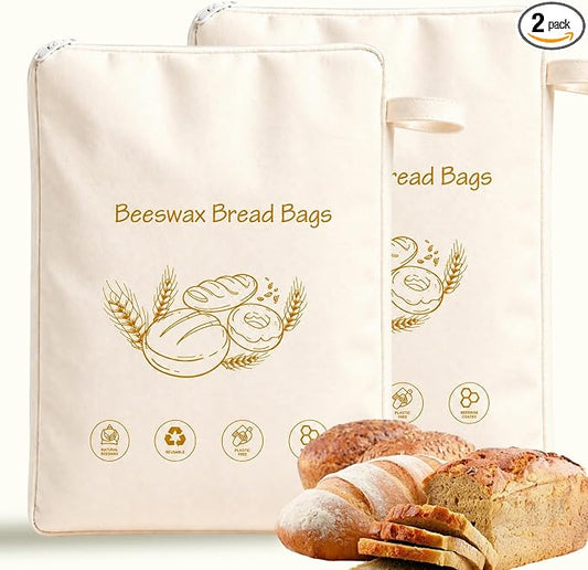 2 Pack Beeswax Bread Bags for Homemade＆Sourdough, 17"x13" XL Reusable Organic Linen with Wide Zipper, Freezer-Friendly Eco-Friendly Storage for Bread, Keeps Loaves Fresh Longer