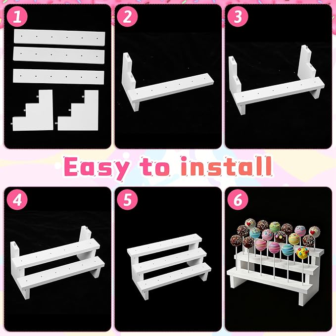 2Pcs Wood Cake Pop Stand 3 Tier Wood Lollipop Holder 17 Hole Sucker Display Riser with Lollipop Sticks & Gold Twist Ties for Dessert Table of Wedding Baby Shower Birthday Party
