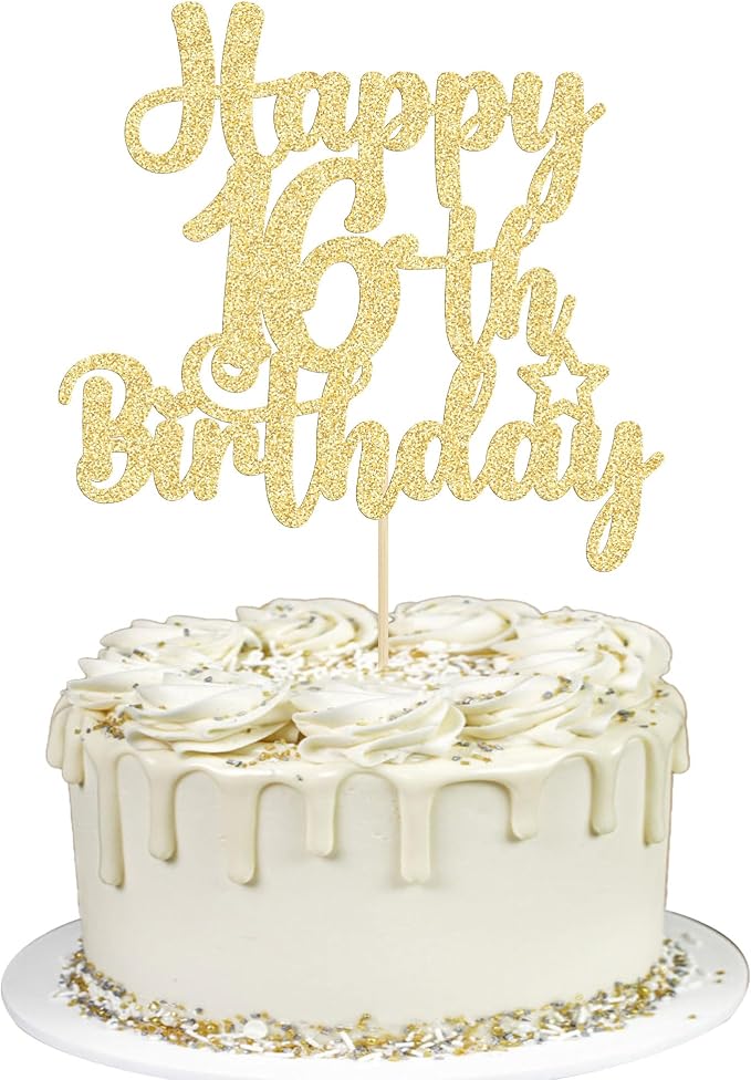 Gyufise 1Pc Happy 16th Birthday Cake Topper Gold Glitter 16 & Fabulous Sweet 16 Birthday Cake Pick for Celebrating 16th Birthday Anniversary Party Cake Decorations Supplies