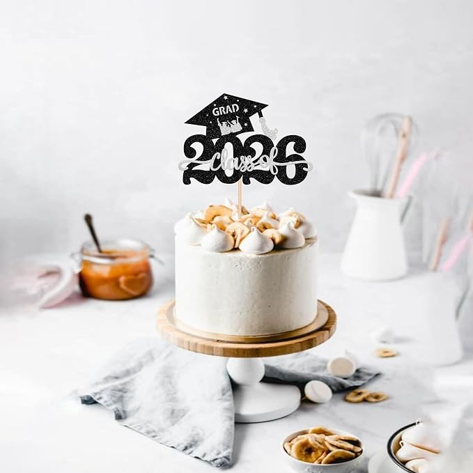 1 Pack Class of 2026 Cake Topper Glitter Congrats Grad Cap 2026 Graduation Cake Pick for 2026 Graduation Theme High School Graduate Party Cake Decorations Supplies Silver