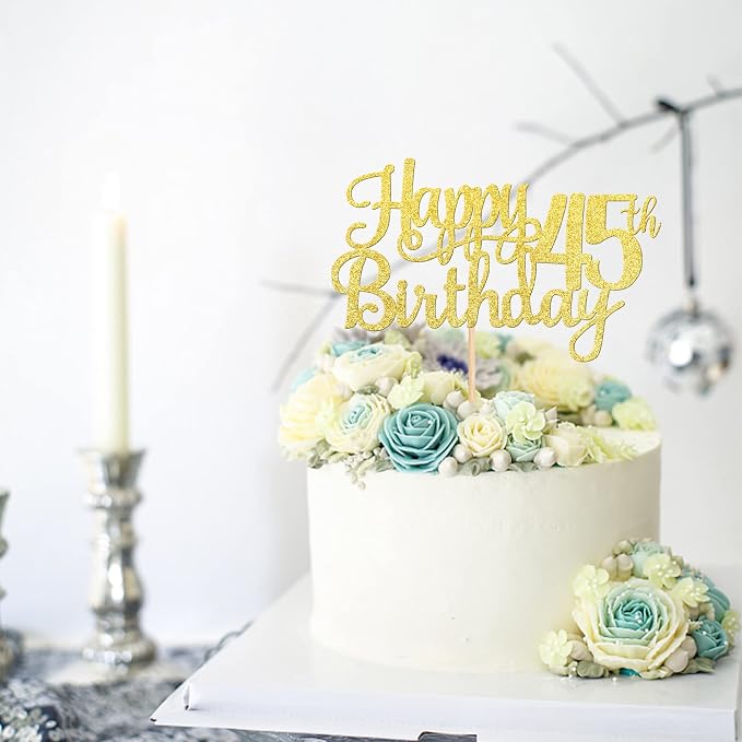 1 PCS Happy 45th Birthday Cake Topper Gold Glitter Cheers to 45 Years Birthday Cake Pick 45 Fabulous Cake Decoration for Happy 45th Birthday Theme Party Decorations Supplies