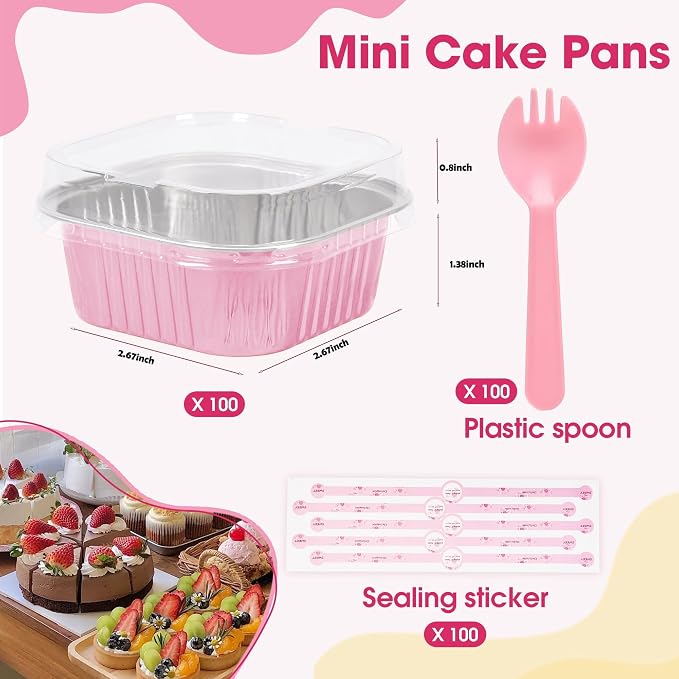 100 Pcs Mini Cake Pans with Lids, 5oz Square Aluminum Foil Brownie Baking Cups, Dessert Cupcake Cups with lids, Disposable Loaf Pans Cupcake for Wedding Birthday Party (Pink)
