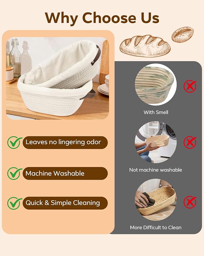 Feagar Bread Proofing Basket Set: XL 11.5” Banneton Holds 1000g Dough, Includes Multi-Purpose Proofing Cloth for Baguettes, Round Loaf & Sourdough Bread Baking Supplies | 2-Pack with Liners & Covers