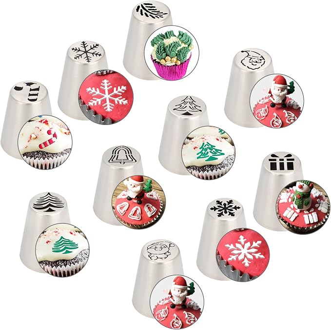 10PCS Christmas Russian Icing Tips Set, Stainless Steel Piping Nozzles for Cake, Cupcake Cookie Decorating – Includes 10 Creative Festive Frosting Tips with Christmas Designs