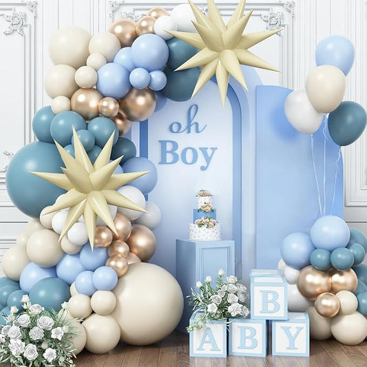 Dusty Blue and Gold Balloons Arch Kit with Beige Star Balloon, Baby Shower Balloons Garland Slate Blue Cream White Champagne Gold Balloons for Boho Boy Birthday Party Wedding Bridal Shower Decorations