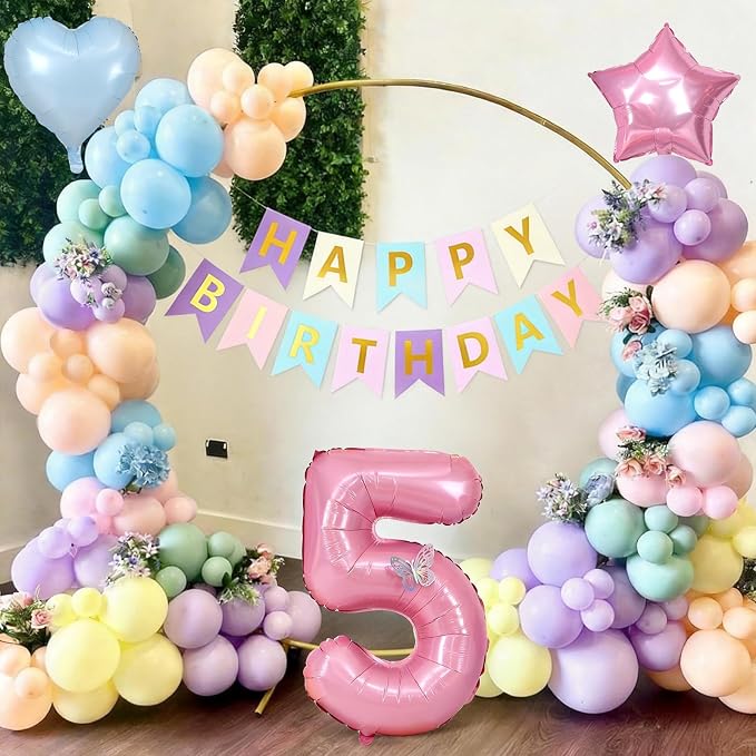 5th Pastel Birthday Party Decorations for Girls Number 5 Balloon Happy Birthday Banner Butterfly Stickers Star Heart Foil Balloons for 5 Year Old Easter Party Decor