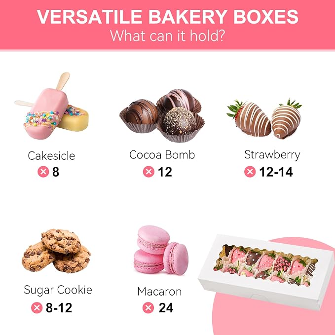 Kucoele Cookie Boxes with Window, 30 PCS, 12.5 x 5.5 x 2.5 Inches, White | Auto-Popup, Bakery Boxes, Treat Boxes, For Chocolate Covered Strawberries, Hot Cocoa Bombs, Pastries, Donuts, Muffins