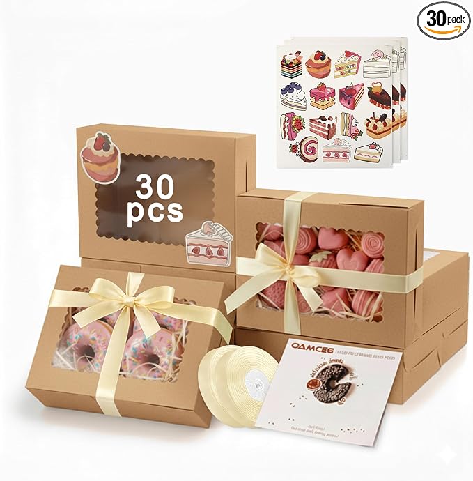 OAMCEG 30 Pack Cookie Boxes with Window, 8x6x2.5 Inch Bakery Treat Boxes for Christmas Holiday Gift Giving, Desserts, Donuts, Pastries-Brown
