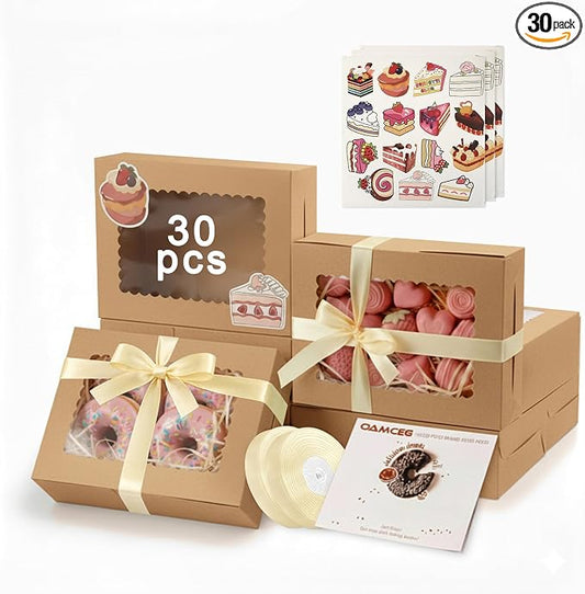 OAMCEG 30 Pack Cookie Boxes with Window, 8x6x2.5 Inch Bakery Treat Boxes for Christmas Holiday Gift Giving, Desserts, Donuts, Pastries-Brown