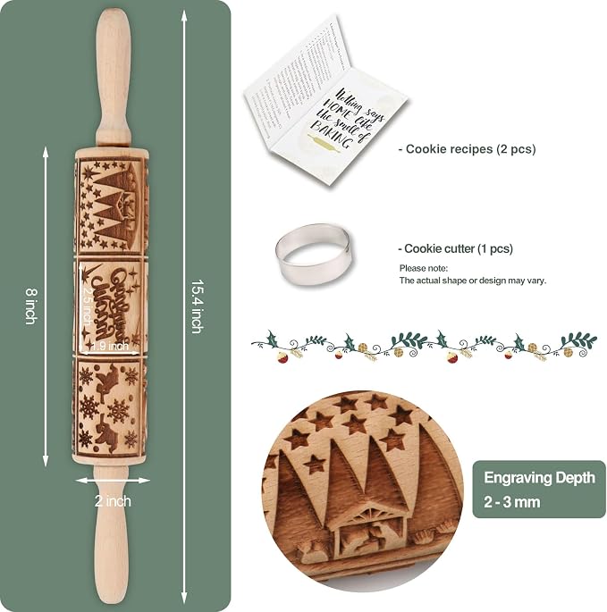Christmas Embossed Rolling Pin for Baking Cookies Embossing Rolling Pins with Design Wooden Engraved Springerle Roller Pin Dough Patterned Clay Pottery Ceramic Bakers Women (Nativity Patterns)