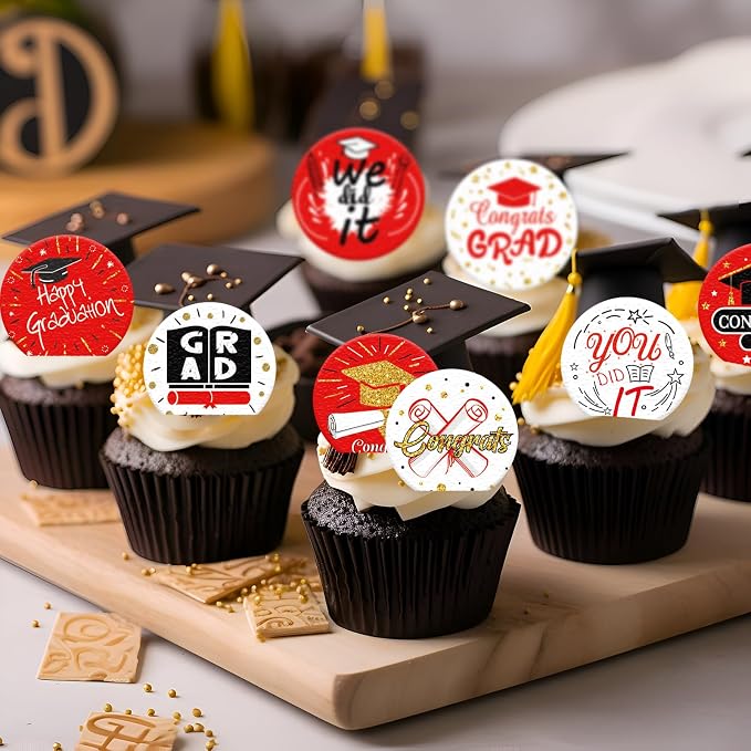 36PCS Edible Graduation Cap Cupcake Toppers Wafer Paper Grad Cap Diploma Cake Decorations Edible Grad Cap Cupcake Picks for 2026 Grad Theme Party Cake Decor Supplies (Red)