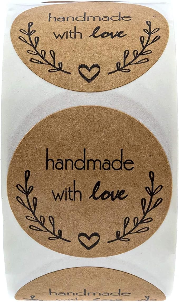 Olive Branch Handmade with Love Stickers / 1.5" Round Brown Kraft Greenery Handmade with Love Canning Crafting Small Business Labels / 500 Homemade Project Decals/Made in The USA