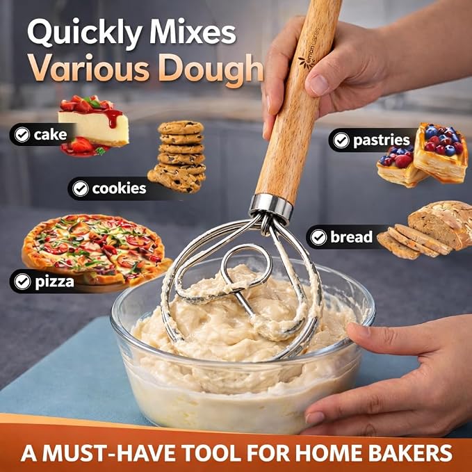 Danish Dough Whisk for Sourdough – Thick Stainless Steel Dutch Whisk with Ergonomic Oak Handle – Heavy-Duty Dough Mixer for Bread & Baking