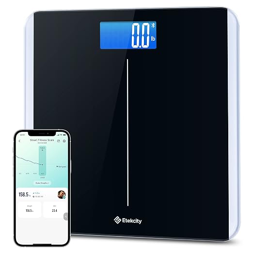 Etekcity Smart Scale for Body Weight and BMI, Bathroom Digital Electronic Weighing Scale for People, Bluetooth Free VeSync APP Connection, Rounded Corner, Accurate to 0.1lb/0.05kg, 400 lbs, Black