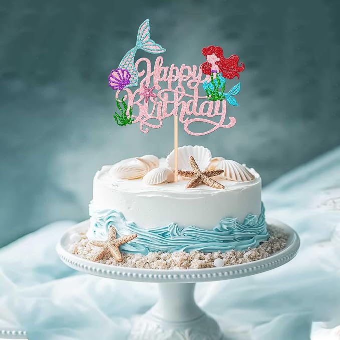 1 PCS Mermaid Cake Topper Glitter Mermaid Happy Birthday Cake Pick Starfish Seawood Seashells Mermaid Tail Cake Decoration for Under the Sea Theme Baby Shower Birthday Party Supplies Light Pink