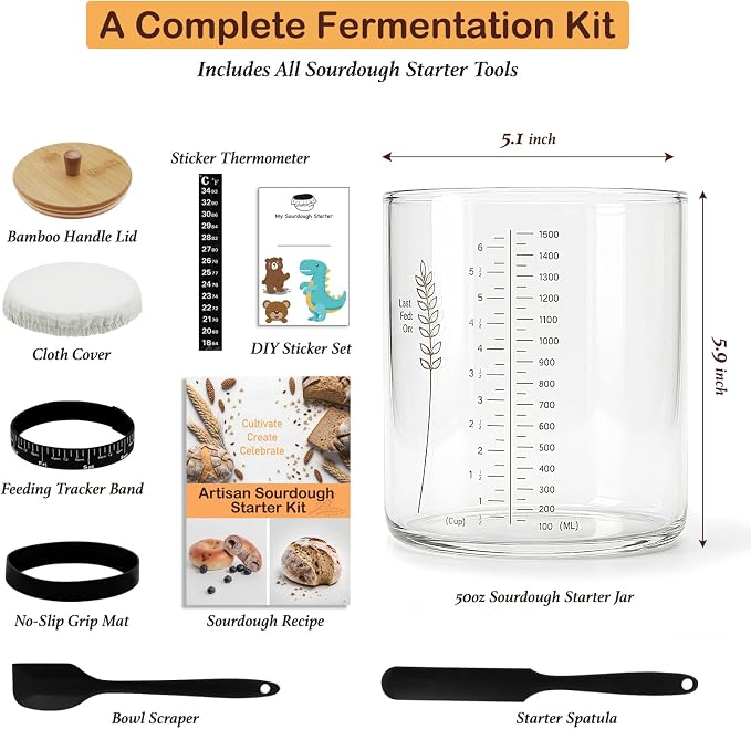 Premium Sourdough Starter Jar Kit - 50oz Large Wide Mouth Glass Jar with Bamboo Lid,Cloth Cover, Date Tracker, Thermometer, Silicone Non-Slip Mat & Scraper, Sourdough Bread Baking Supplies