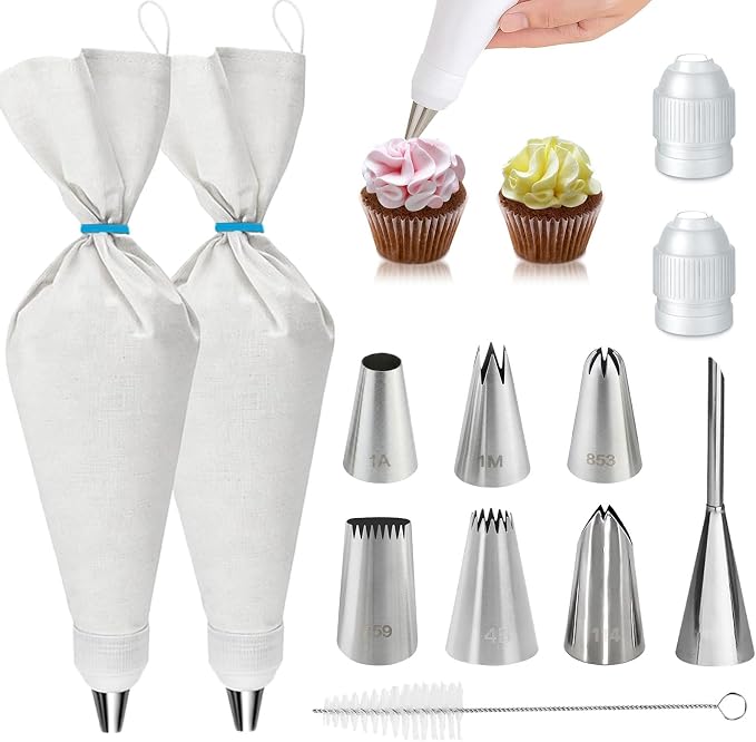 Reusable Piping Bags and Tips Set, 16inch Cotton Pastry Bags | Cotton Exterior, Eco-Friendly, For Cake Decorating, Cupcakes, Cookies, Durable Baking Kit