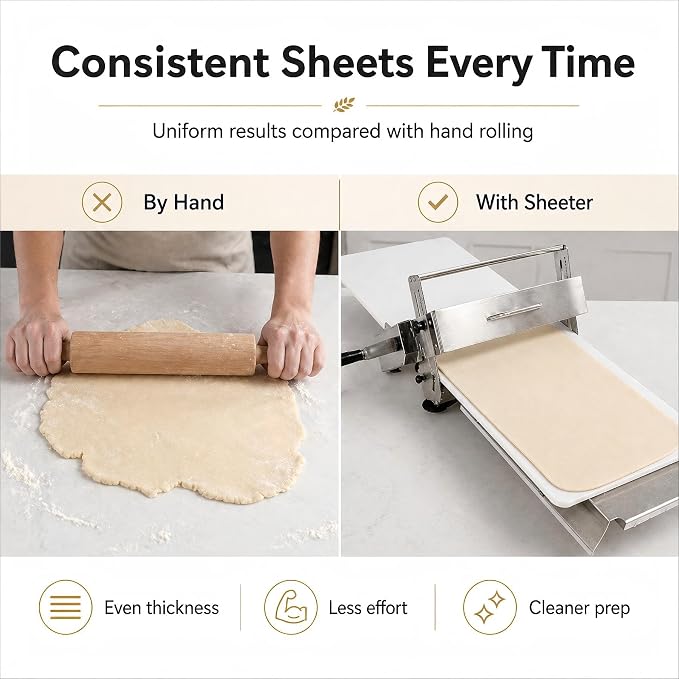 Manual Dough Sheeter Machine for Croissants & Pastry – Foldable Countertop Dough Roller Machine with 55 Thickness Settings (0–27mm), Stainless Steel Rollers for Home & Small-Batch Bakeries