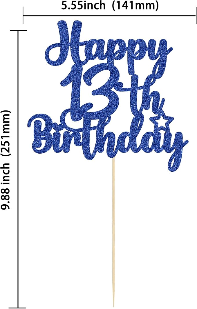 Gyufise 1Pc Happy 13th Birthday Cake Topper Glitter 13 & Fabulous Official Teenager 13 Birthday Cake Pick for Celebrating 13th Birthday Anniversary Party Cake Decorations Supplies Blue