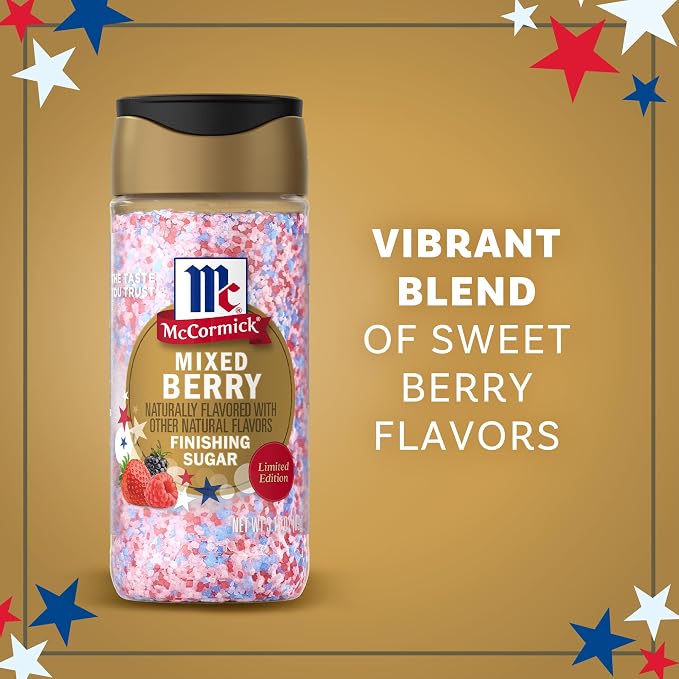 McCormick Finishing Sugar, Mixed Berry, Limited Edition, Sweet Berry Flavors, Sprinkle on Breakfast and Dessert Favorites, Garnish Beverages, 3.15 oz