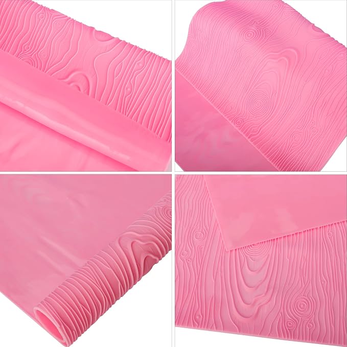 Beasea Silicone Lace Mold for Cakes Decorating, Woodgrain Fondant Impression Mat Silicone Lace Mold, Fondant Texture for Sugar Wood Texture Sheet Embossed Craft Tools (17 x 9 inches, Pink)