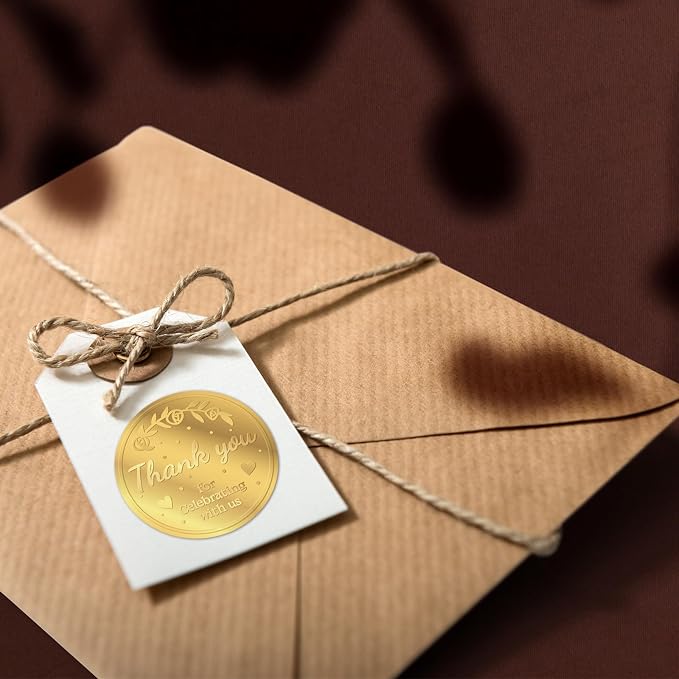 100 x Thank You for Celebrating with us Favor Stickers Labels, Gold Foil Tags Envelope Seals, Wedding Invitation Decor Foil Party Favor Stickers for Sealing Awards Embossing Certificates 1.5 Inch