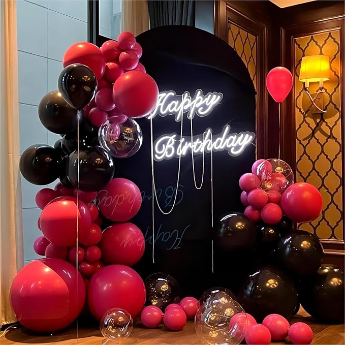 136pcs Hot Pink Black Balloon Arch Kit with Clear Balloons - 18/12/10/5 Inch Gothic Garland for Women's Birthday, Valentine's Day, Class of 2025 Party Decor