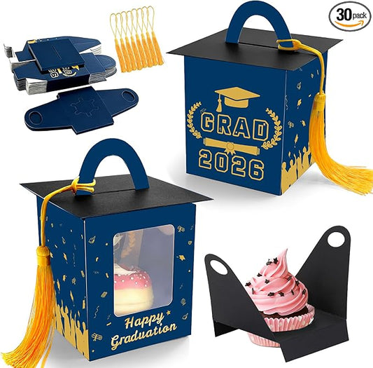 Graduation Cupcake Boxes Individual Cupcake Container Grad Cupcake Gift Boxes with Window for 2026 College Grad Party Bakery Wrapping (Blue-30pc)