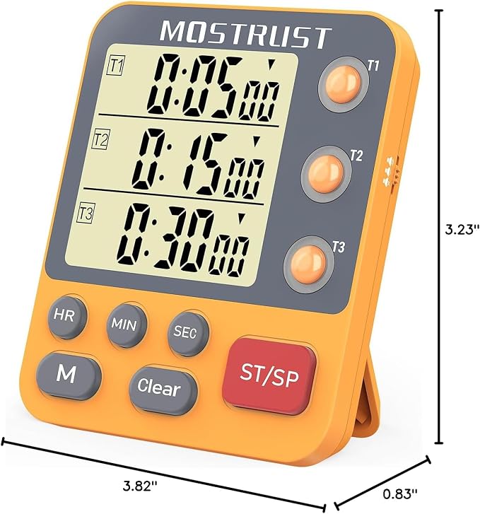 Digital Dual Kitchen Timer, 3 Channels Countdown Triple Timer for Cooking, Magnetic Memory-Preset Large Display Adjustable Alarm Volume, Multi Times Management, 3A Battery Included, Orange
