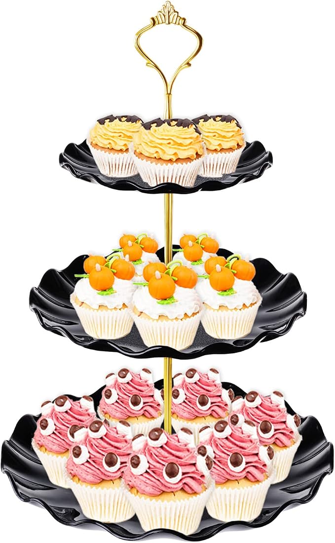 BACUTHY 3 Tier Cupcake Stand Holder, Plastic Cup Cake Tower Stand with Tiered Serving Tray for Dessert Display, Cupcakes, Donuts, Macaron and Fruits,Black