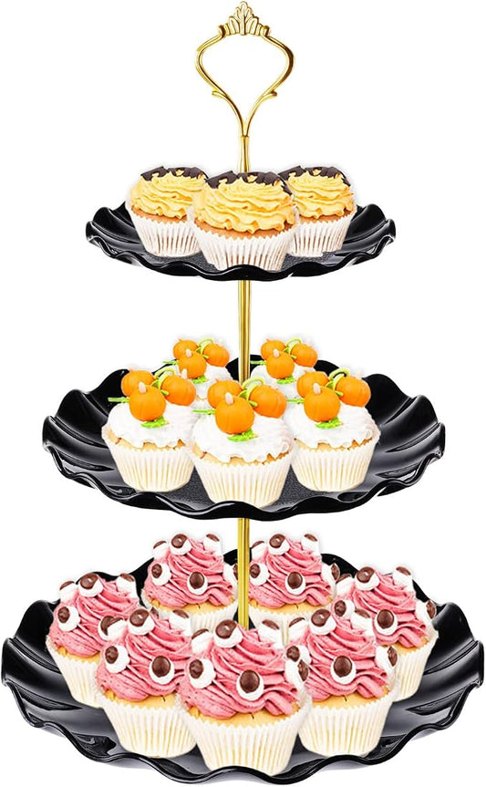 BACUTHY 3 Tier Cupcake Stand Holder, Plastic Cup Cake Tower Stand with Tiered Serving Tray for Dessert Display, Cupcakes, Donuts, Macaron and Fruits,Black
