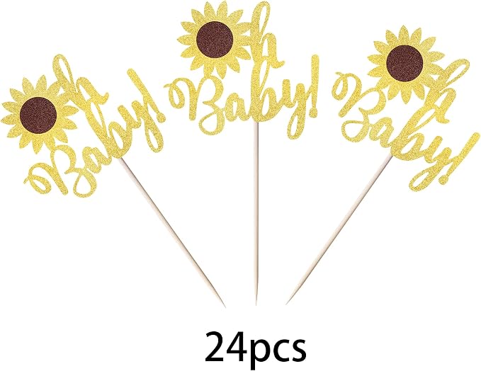 24 Pack Gold Glitter Sunflower Baby Shower Cupcake Toppers