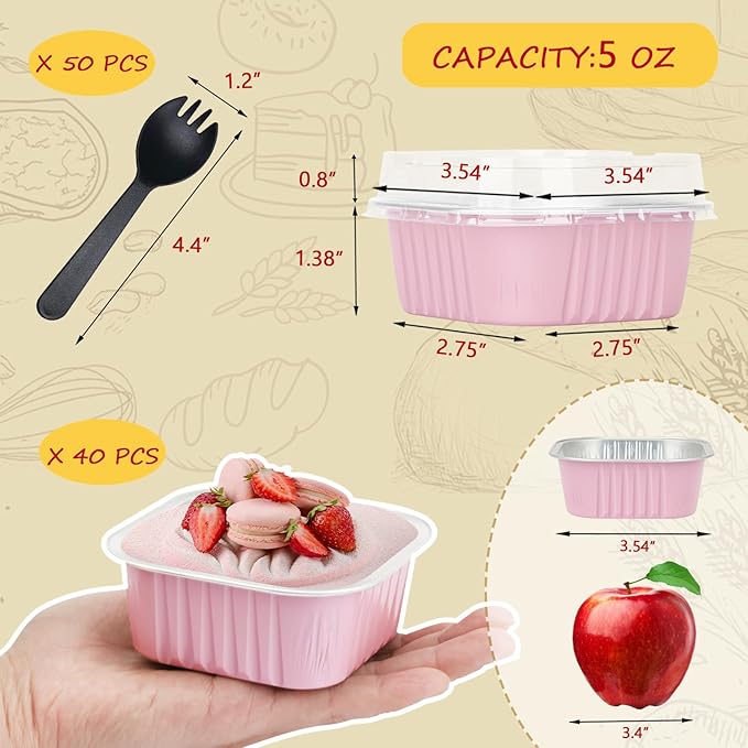 LNYZQUS 5oz Square Cupcake Pan with Lids 40 Pack, Aluminum Foil Muffin Cups,Disposable Ramekins Mini Cake Brownie Baking Pans Jumbo Cupcake Liners Muffin Tin-Pink