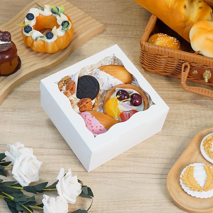 XINHPKGG 20 Pack Cookie Boxes 6x6x3 Inch Bakery Boxes with Window Treat Box Dessert Box for Macaron Mini Cake Chocolate Covered Strawberries Pastry - White