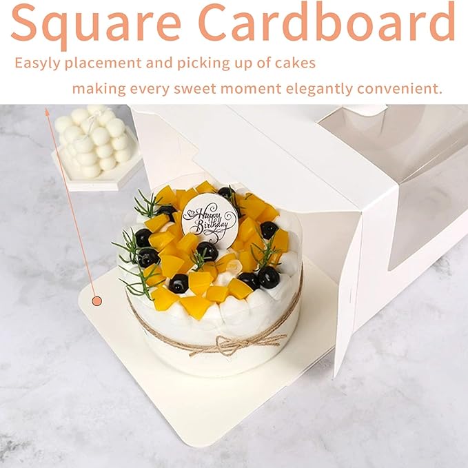 6 Inch Cake Boxes with Boards - 24 Pack White Pastry Boxes, 6x6x6 Inches with Handle for Cupcakes, Bento, Desserts, Christmas, Birthday, Wedding Party Favor