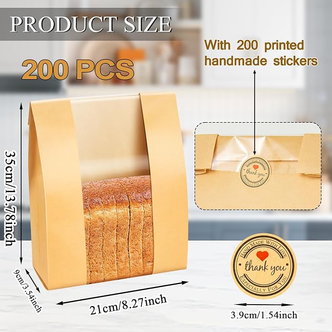 ONLYFU 200 Pack Paper Sourdough Bread Bags, 14" x 8.3" x 3.5" Large Baked Cookies Storage Bag with Clear Window for Bakery Homemade Bread, Brown Bread Packaging Bags with 200 Label Seal Stickers