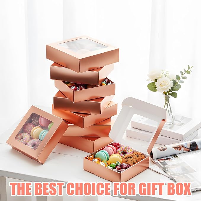 Zonon 60 Pcs Kraft Paper Boxes with Window 4.13 x 4.13 x 1.18 Inch Candy Packaging, Small Gift Boxes, Soap holder, Mini Treat Packaging for Bakery Chocolate Jewelry Display (Rose Gold)