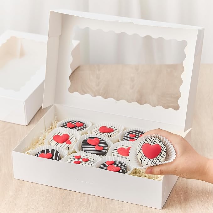 Kucoele Bakery Boxes with Window, 12x8x2.5 Inches, 20 PCS, White | Auto-Popup, Pastry Boxes, Treat Boxes, For Chocolate Covered Strawberries, Cookies, Muffins, Donuts, Breakable Hearts