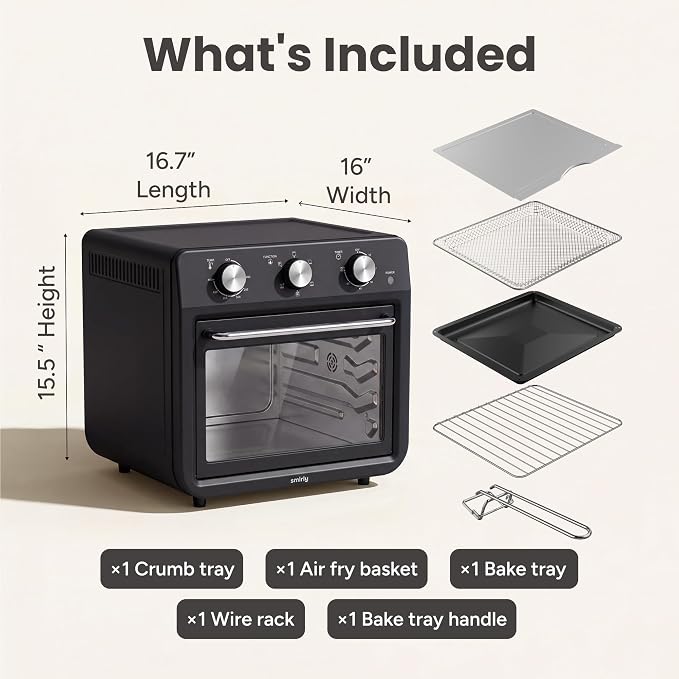 SMIRLY 6-in-1 Air Fryer Toaster Oven Combo, 27QT Convection Oven Countertop, 1800W Oven for Toast, Roast, Bake, Reheat, Broil, Warm, Fits up to a 4 lb Turkey, 12" Pizza, 6 Toast, Black