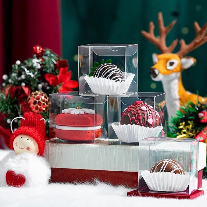 TEMLQPACK 100 Pack 2x2x2 Inch Plasric Clear Macaron Boxes, Treat Boxes, Chocolate Truffle Boxes, Bakery Boxes For Dessert Candy Cookies Mini Cupcake Packaging Christmas Wedding Favors, Baby Shower
