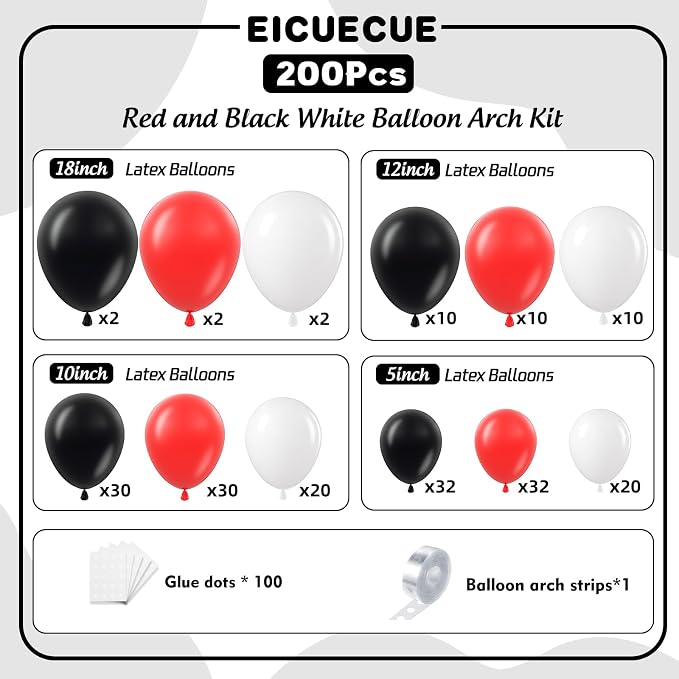 Red and Black White Balloons Garland Arch Kit 200Pcs - 5 10 12 18 inch Different Size Balloons for Graduation Birthday Anniversary Racing Car Poker Card Theme Party Decorations